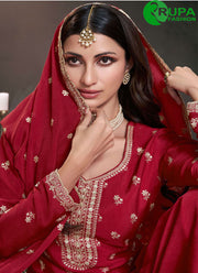 Beautiful Red Color And Chinon With Embroidered Work Palazzo Salwar Suit
